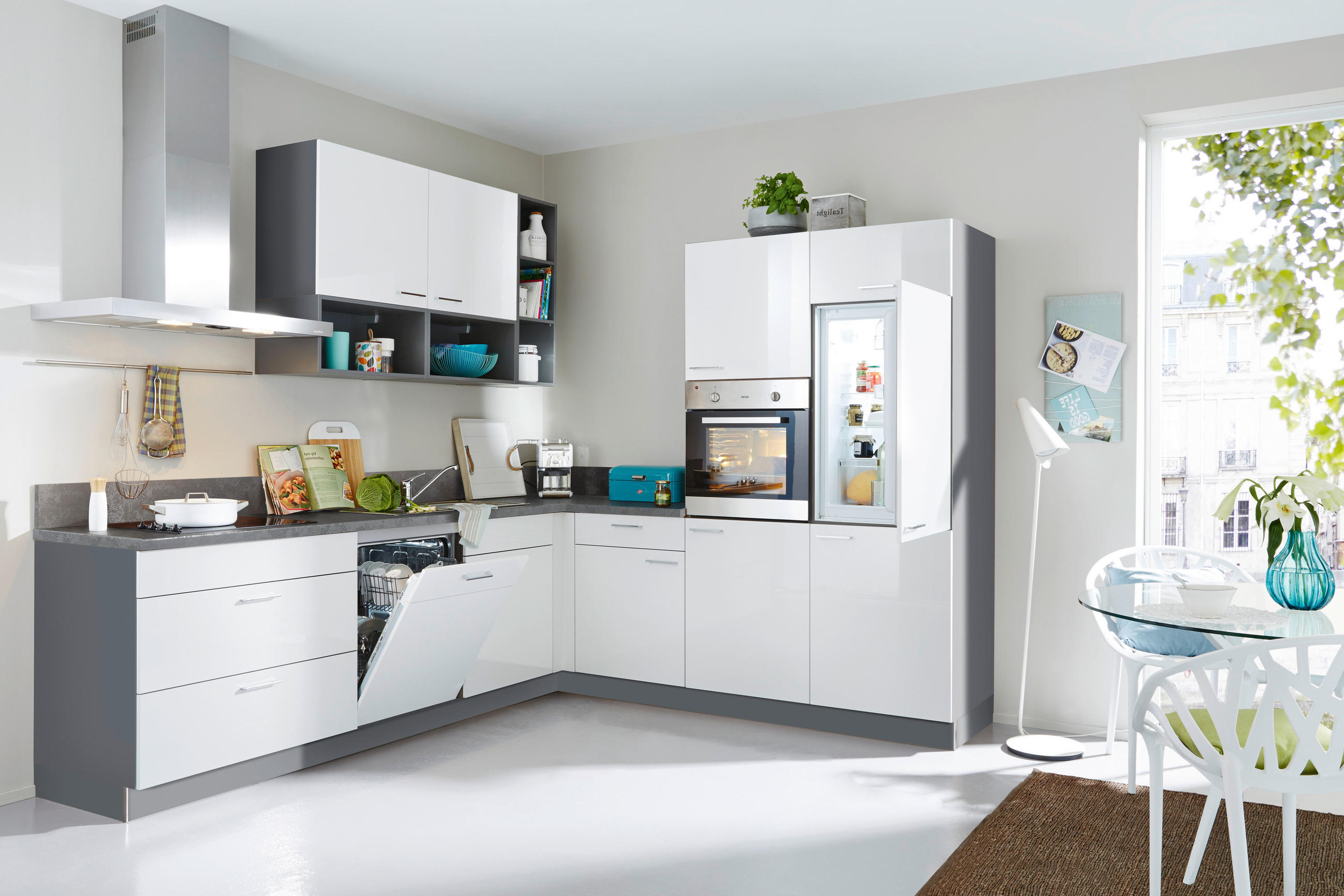 ECKKÜCHE 275/245 cm  in Grau, Weiß, Eichefarben  - Eichefarben/Weiß, Design, Holzwerkstoff (275/245cm) - Welnova