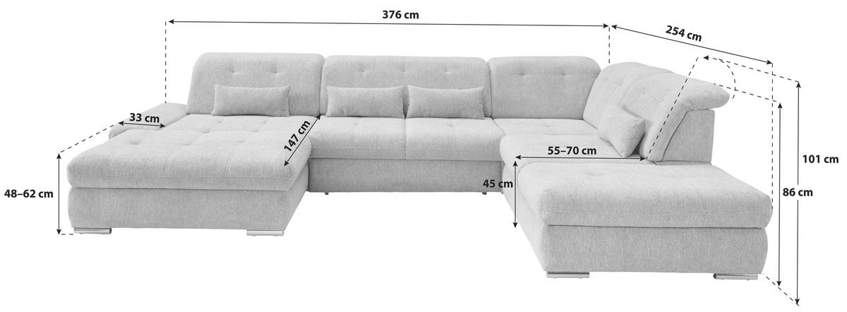 WOHNLANDSCHAFT Chenille Grün  - Chromfarben/Grün, Design, Textil/Metall (195/376/254cm) - Livetastic