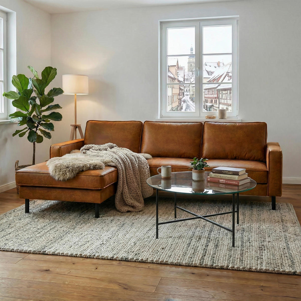 ECKSOFA  in Echtleder Cognac Rücken echt  166/238 cm  - Cognac/Schwarz, Design, Leder/Metall (166/238cm) - Livetastic