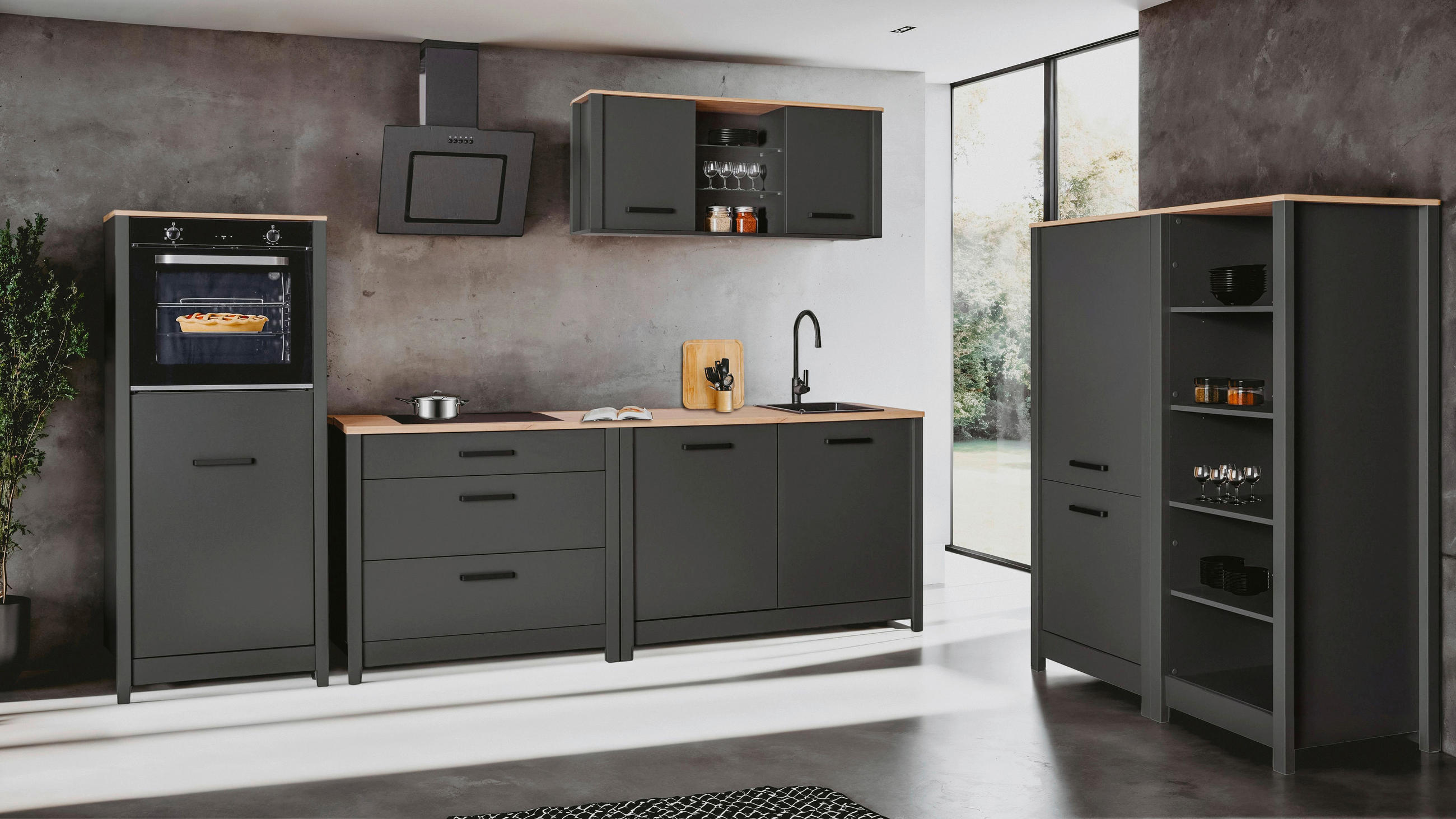 KÜCHENLEERBLOCK   in Anthrazit, Eiche Artisan  - Anthrazit/Schwarz, MODERN, Glas/Holzwerkstoff (430cm) - home24