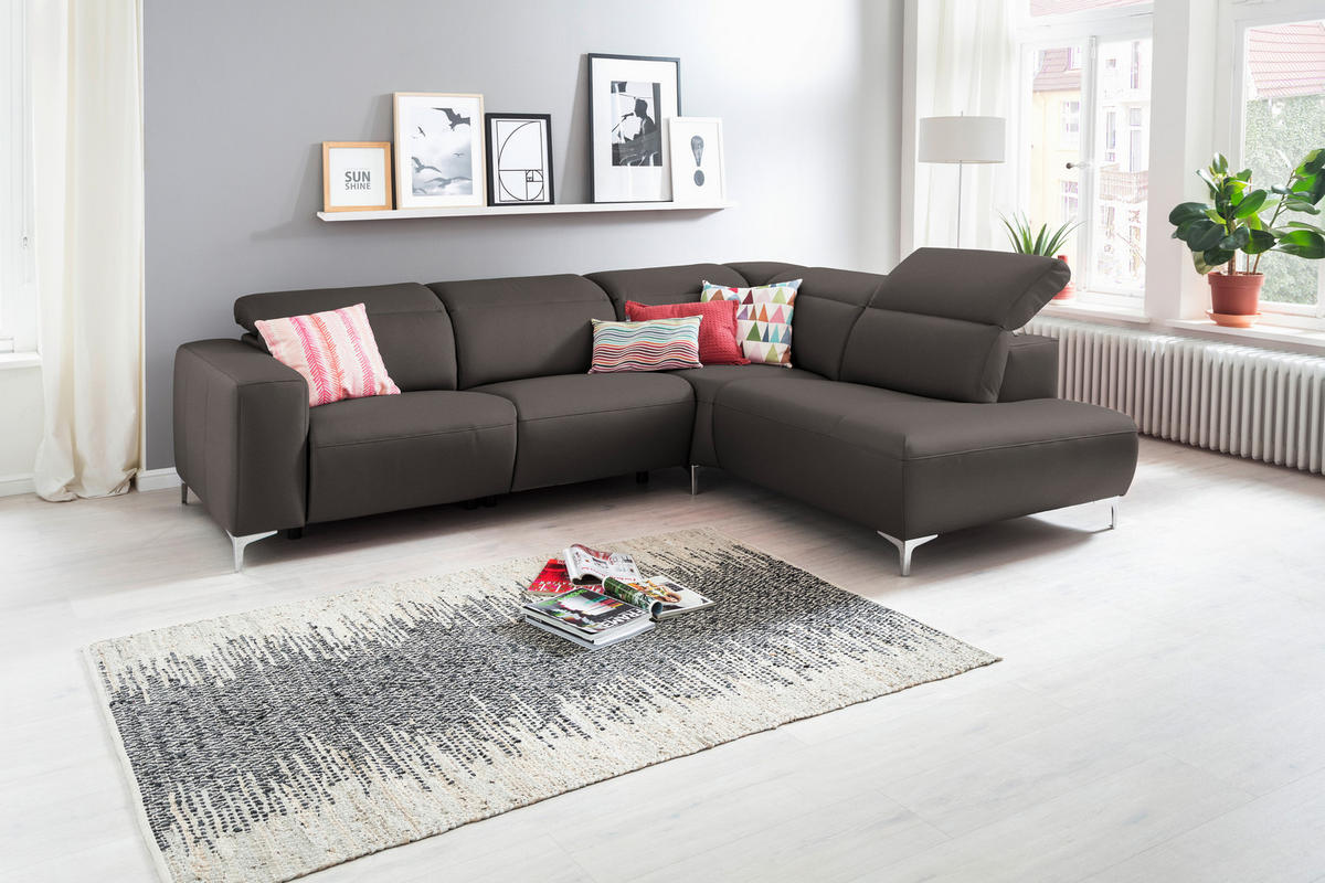 ECKSOFA Grau Echtleder  - Chromfarben/Grau, Design, Leder/Metall (290/223cm) - Pure Home Lifestyle