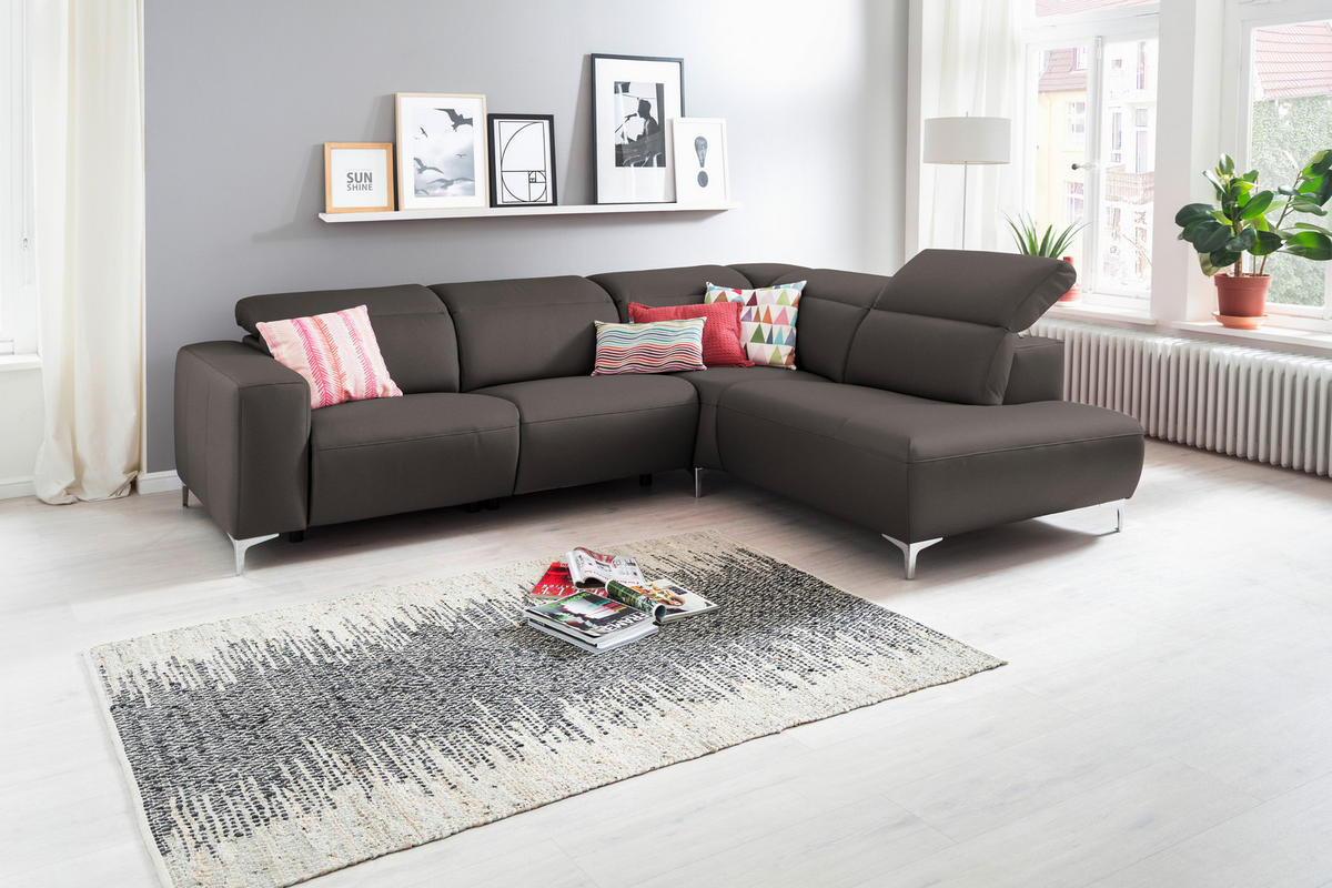 ECKSOFA in Echtleder Grau  - Chromfarben/Grau, Design, Leder/Metall (290/223cm) - Pure Home Lifestyle