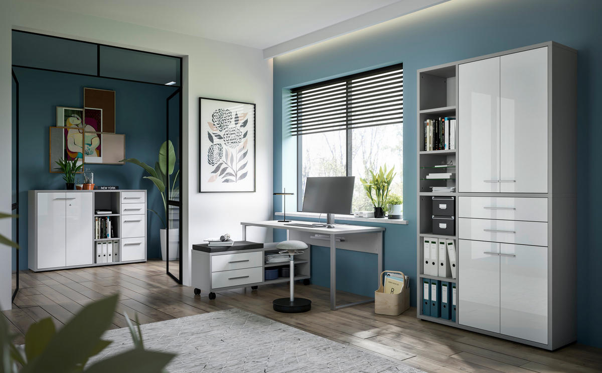 ROLLCONTAINER Weiß, Hellgrau  - Hellgrau/Alufarben, MODERN, Glas/Holzwerkstoff (133/52,3/40cm)