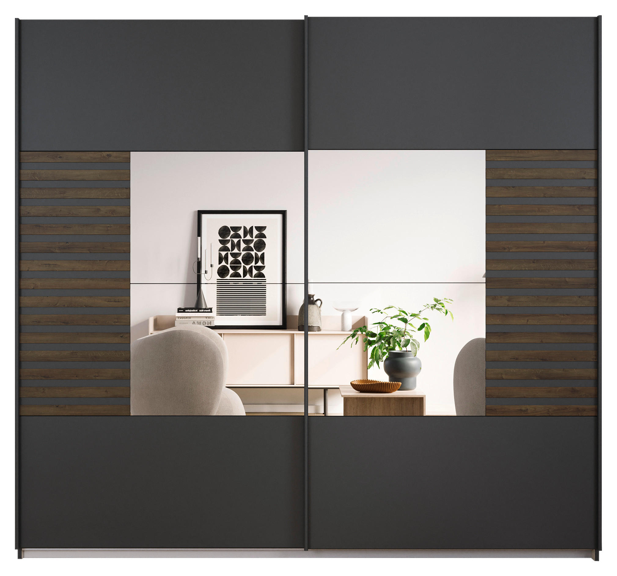 Thumbnail - Rauch Möbel Schwebetürenschrank, Dunkelgrau, Eiche dunkel, Metall, 2 Fächer, 226x210x62 cm, Blauer Engel, Goldenes M, Ma...