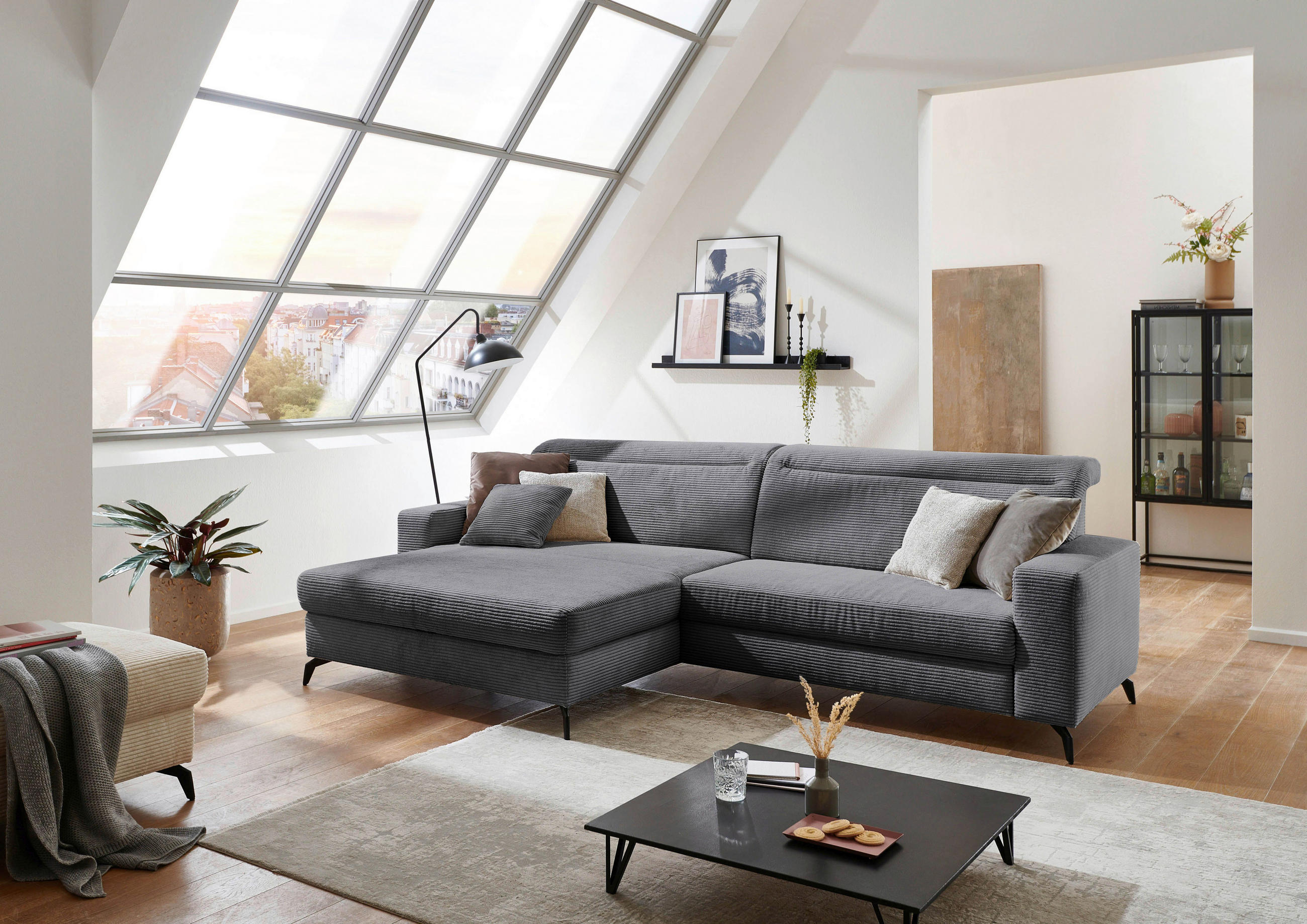 ECKSOFA in Cord Grau  - Schwarz/Grau, Konventionell, Textil/Metall (178/290cm) - Sit & More