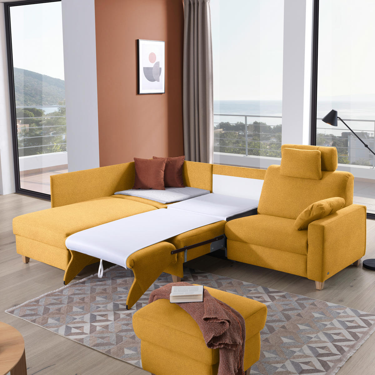 ECKSOFA in Flachgewebe Senfgelb  203/261 cm  - Eichefarben/Senfgelb, KONVENTIONELL, Holz/Textil (203/261cm) - Sedda