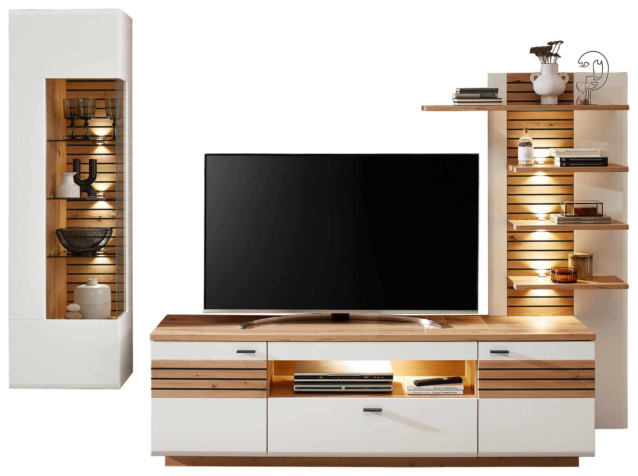 WOHNWAND  in Weiß, Eiche Artisan  280/193/47 cm  - Anthrazit/Weiß, Design, Glas/Holzwerkstoff (280/193/47cm) - Stylife