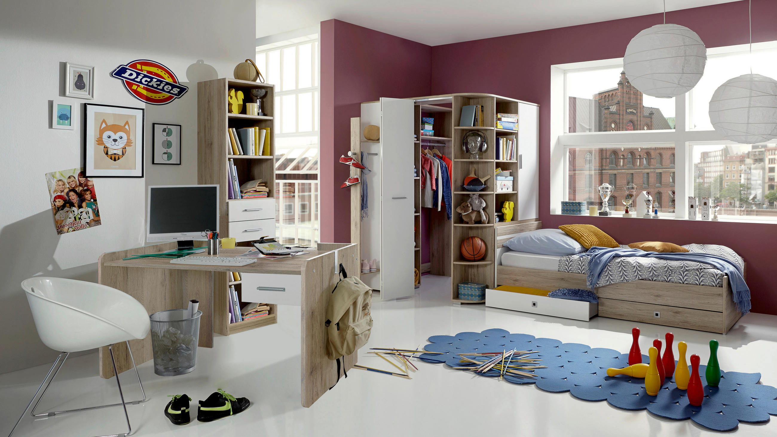 Thumbnail - Boxxx Schreibtisch, Weiß, Eiche San Remo, Kunststoff, 1 Schubladen, Wange, 70x77x124 cm, Made in Germany, Stauraum, seit...