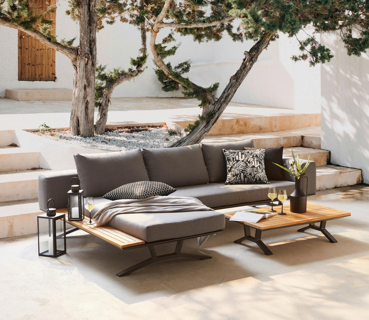 LOUNGEGARNITUR Teakholz massiv Aluminium  - Anthrazit/Naturfarben, Design, Holz/Textil (172/97/25cm) - Amatio