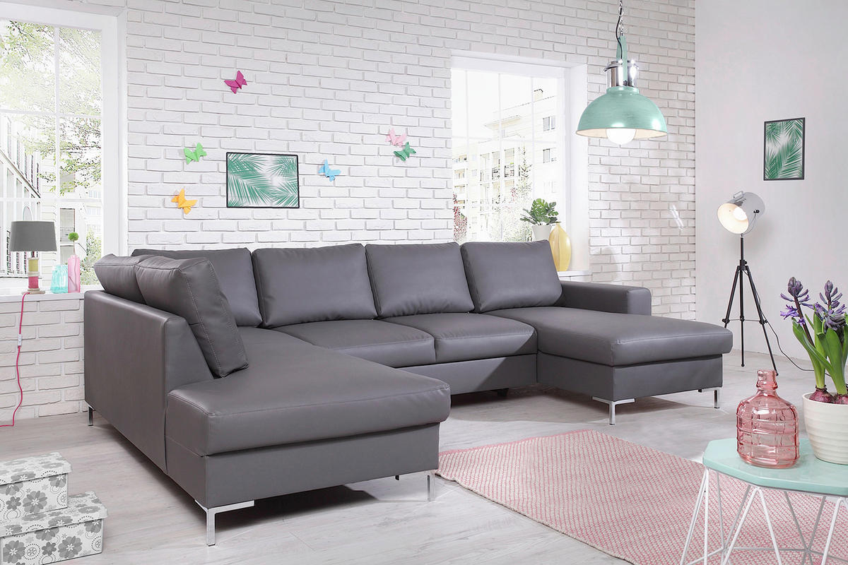 WOHNLANDSCHAFT in Lederlook Grau  - Silberfarben/Schwarz, Design, Leder/Metall (197/303/148cm) - MID.YOU