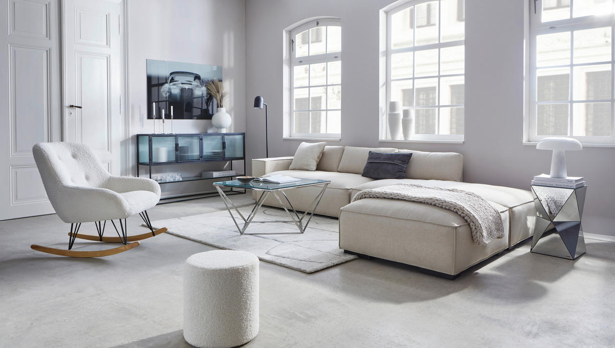 SCHAUKELSTUHL in Bouclé, Teddystoff Creme, Naturfarben, Schwarz  - Creme/Schwarz, KONVENTIONELL, Holz/Textil (72/88/95cm) - Livetastic