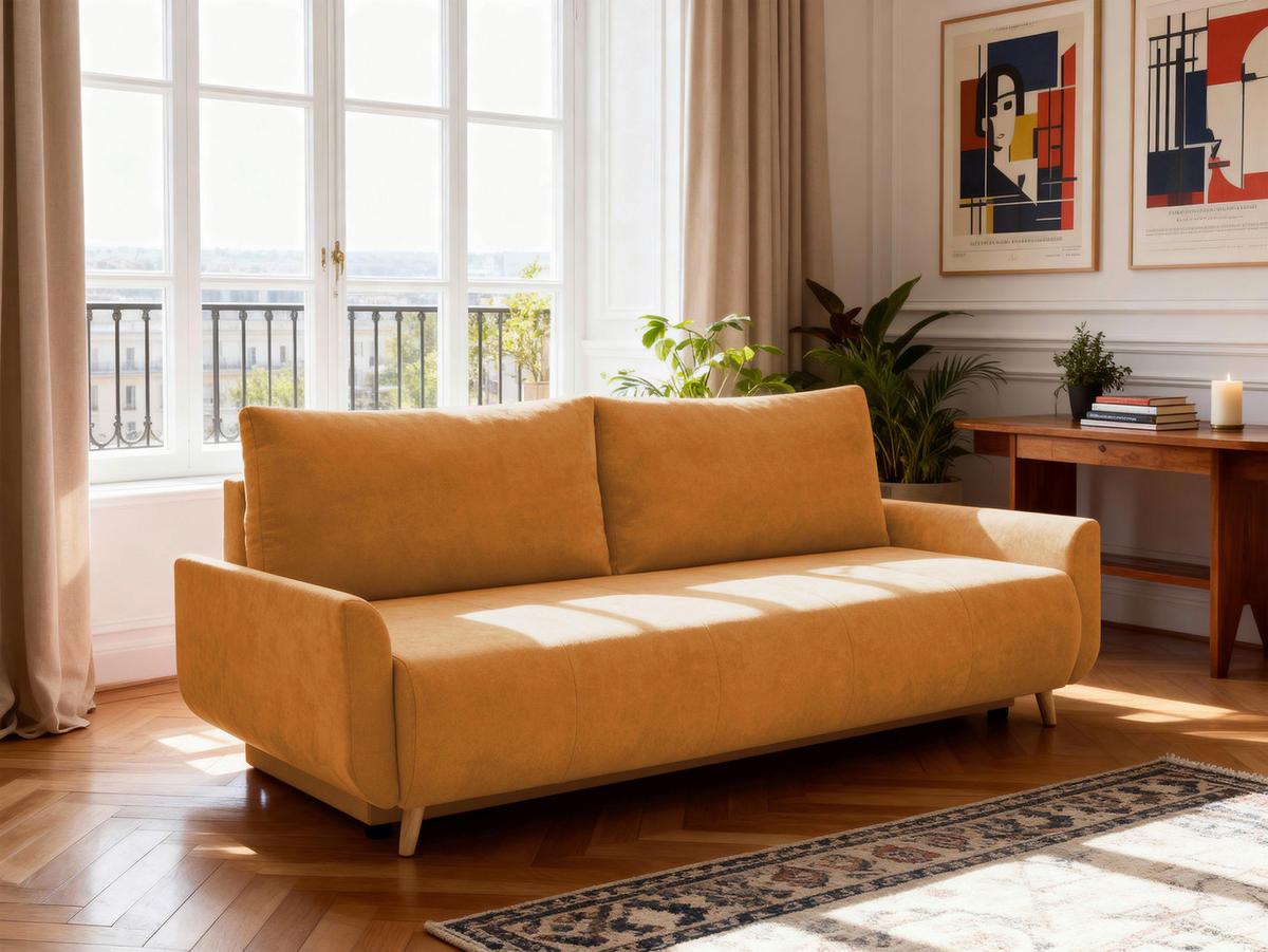 SCHLAFSOFA DUO Mikrofaser Gelb  inkl. Rückenkissen, Bettkasten, Schlaffunktion, Rücken echt  - Gelb/Naturfarben, Design, Textil (218/90/110cm) - P & B