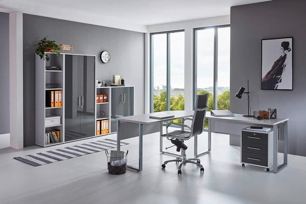 BÜRO erweiterbar, in verschiedenen Holz-Dekoren erhältlich, Schreibtisch seitenverkehrt montierbar, abschließbar Grau, Anthrazit Hochglanz - Anthrazit Hochglanz/Grau, MODERN, Holzwerkstoff - MID.YOU