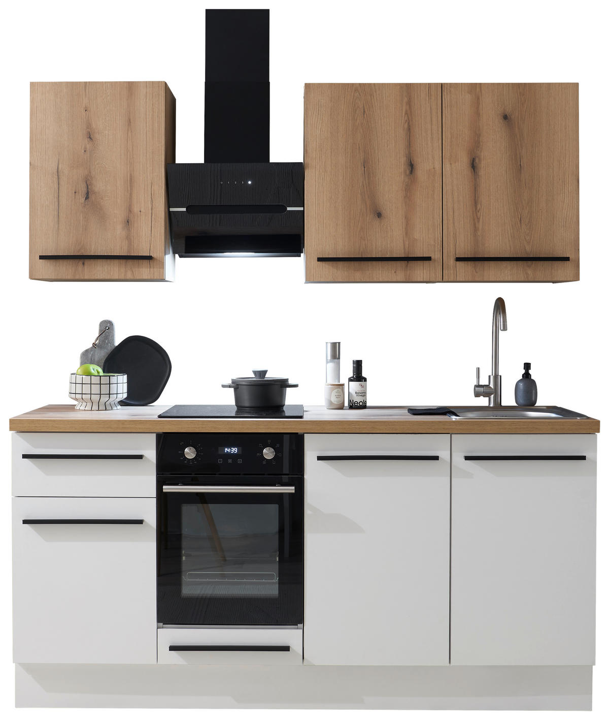 KÜCHENBLOCK 180 cm   in Eichefarben, Weiß  - Eichefarben/Schwarz, KONVENTIONELL, Holzwerkstoff/Kunststoff (180cm) - MID.YOU