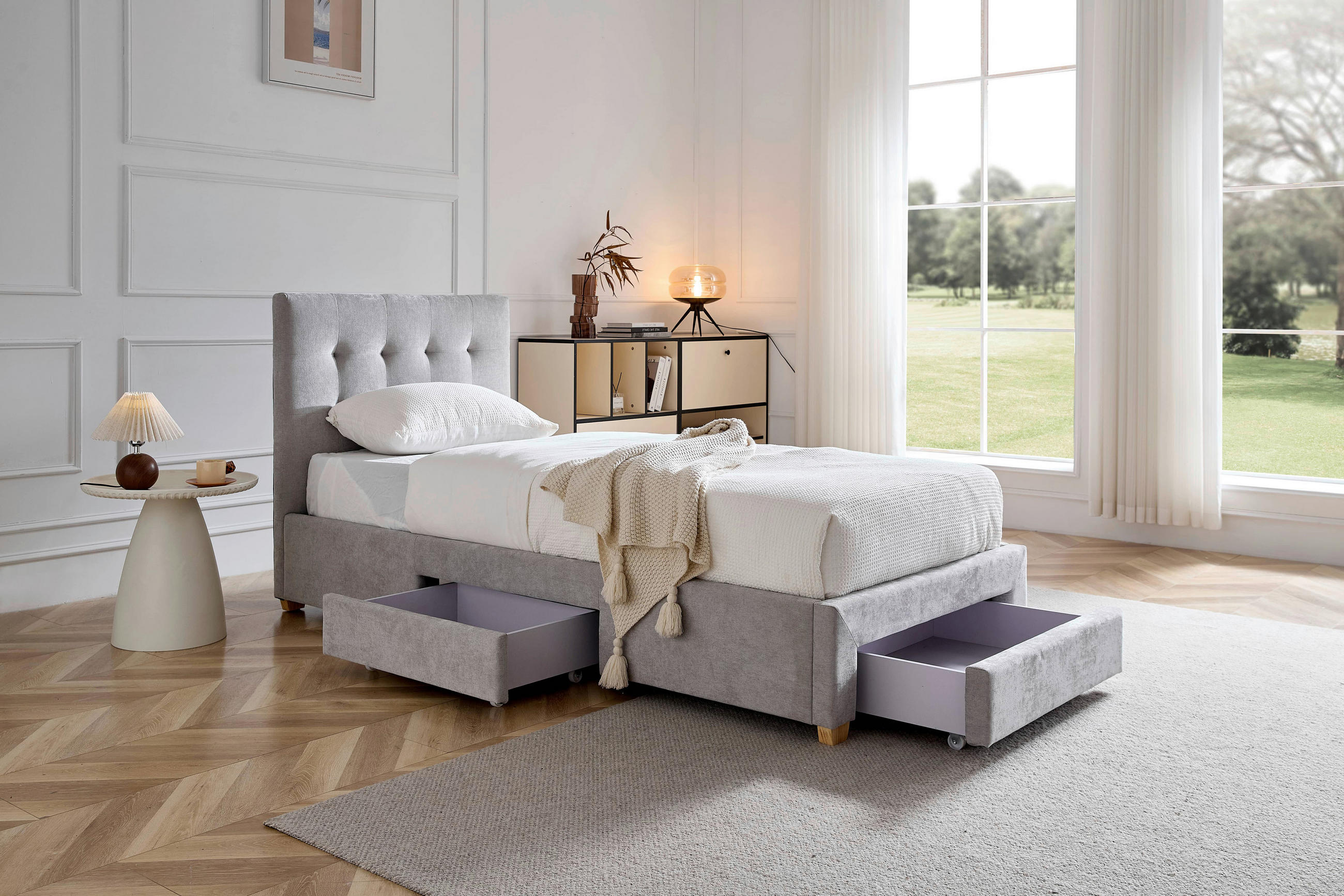 POLSTERBETT 90/200 cm, gepolstertes Kopfteil, Lattenrost, Bettschubladen,  - Hellgrau/Naturfarben, Design, Holz/Textil (90/200cm) - Boxxx