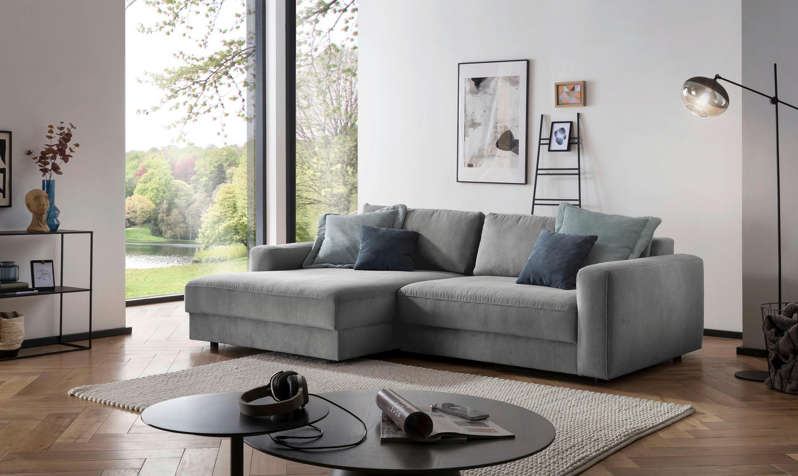 ECKSOFA BOURBON Grau Cord  - Schwarz/Grau, MODERN, Textil (176/250cm) - Trendmanufaktur