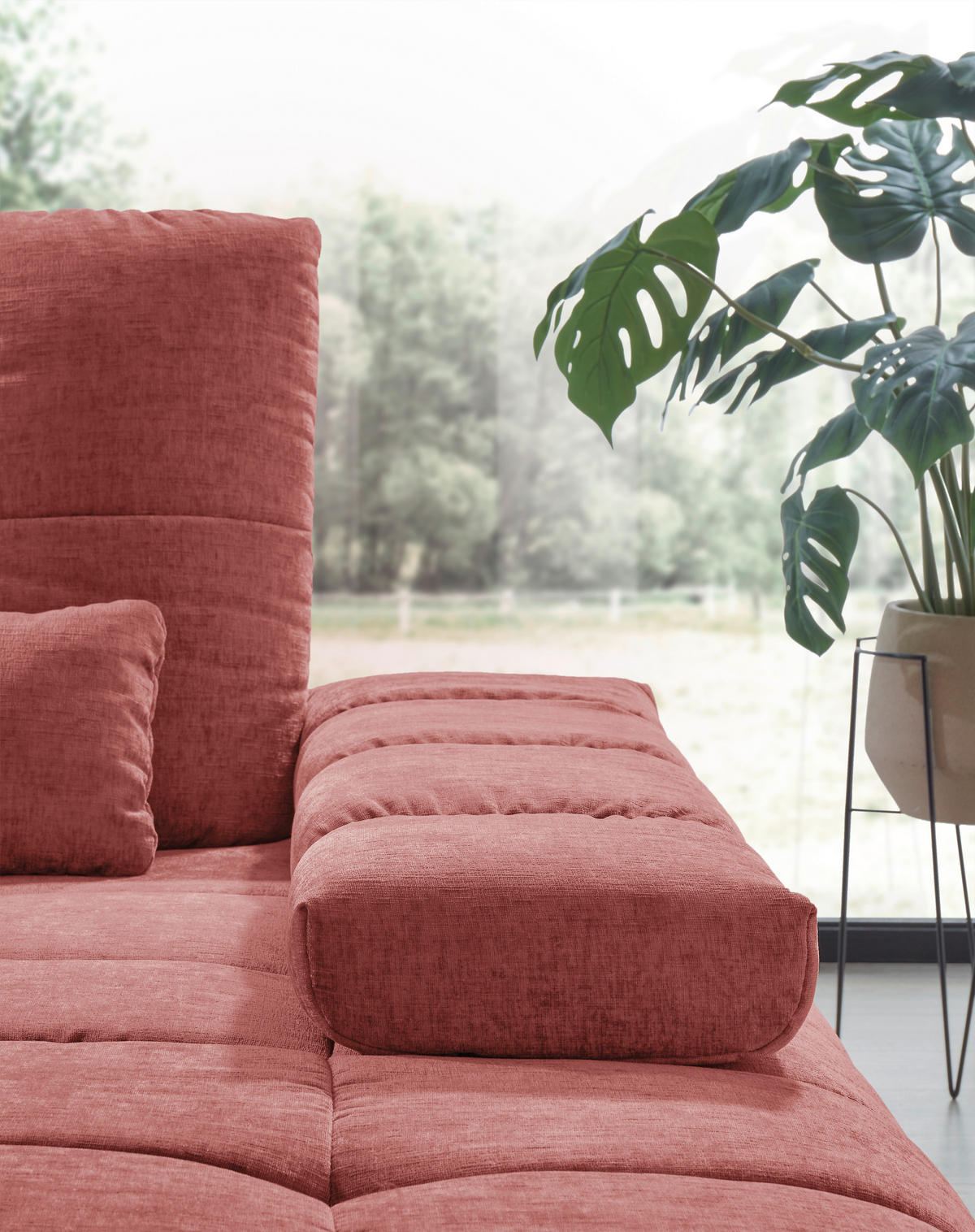 ECKSOFA Weinrot Flachgewebe Rücken echt, Sitztiefenverstellung  - Weinrot/Schwarz, KONVENTIONELL, Textil/Metall (273/211cm) - SetOne by Musterring