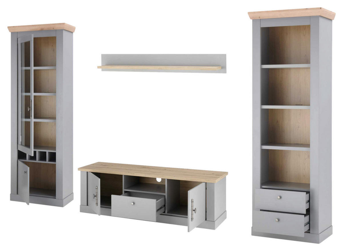 WOHNWAND 4-teilig  in Eichefarben, Hellgrau  317/201/44 cm  - Eichefarben/Silberfarben, Design, Holzwerkstoff/Metall (317/201/44cm) - MID.YOU