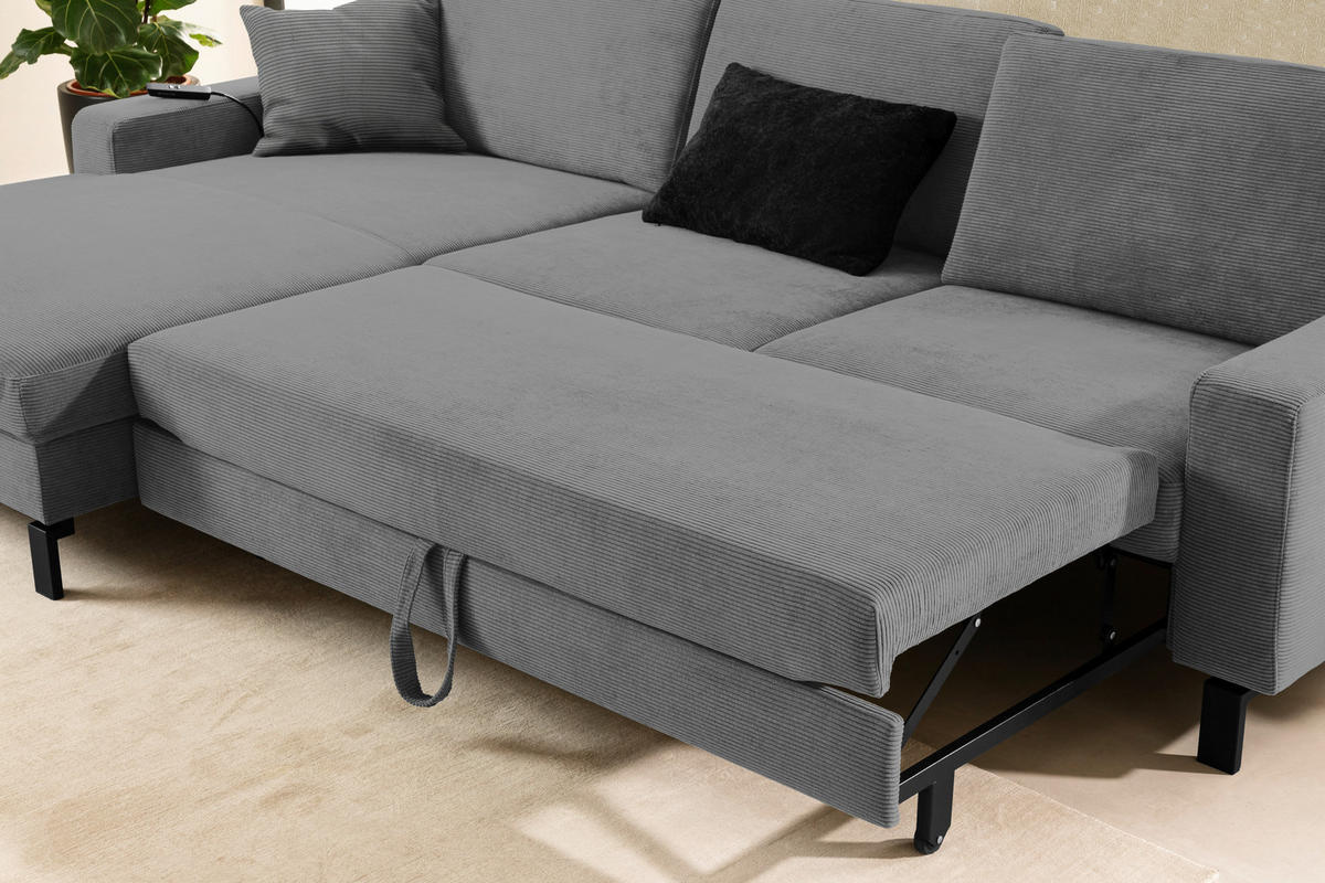 ECKSOFA inkl. Funktion Grau Cord  - Schwarz/Grau, Design, Textil/Metall (185-209/298cm) - Pure Home Lifestyle