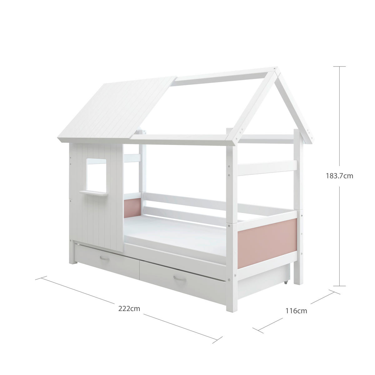 HAUSBETT 90/200 cm,  in Rosa, Weiß, Rollrost, Bettschublade  - Rosa/Weiß, MODERN, Holz (90/200cm) - Chameo