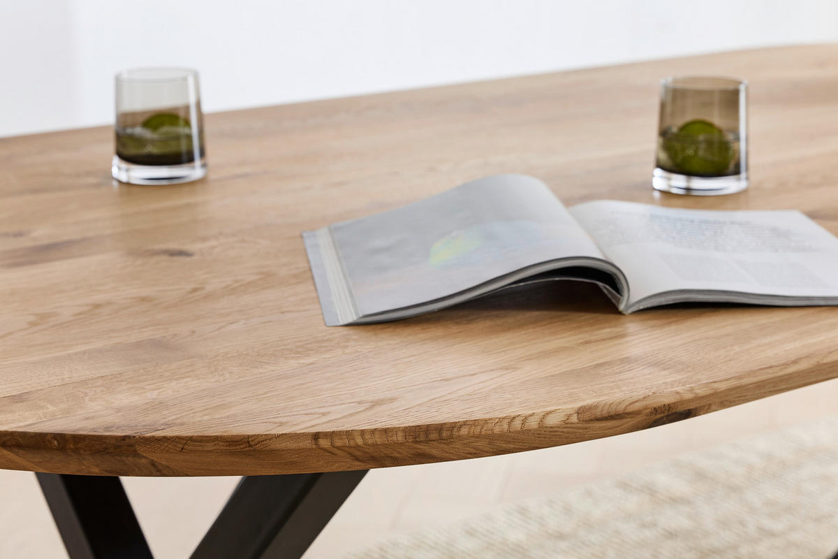 ESSTISCH Eiche massiv oval Eichefarben  - Eichefarben/Schwarz, Design, Holz/Metall (200/100/76cm) - Linea Natura