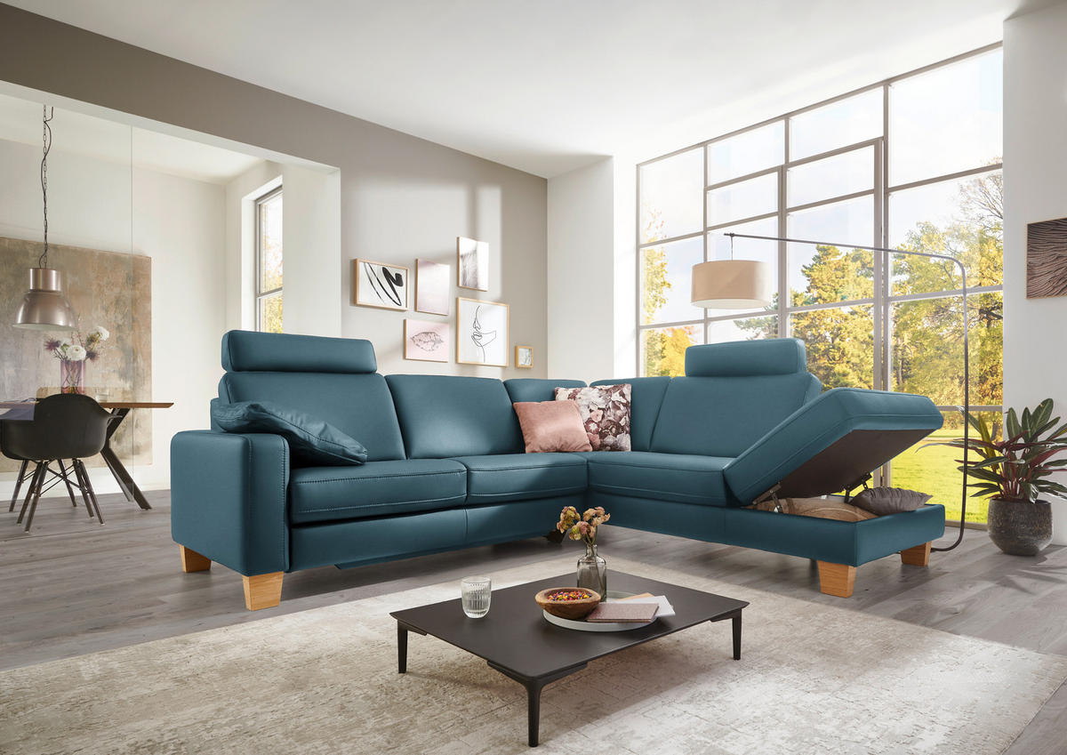 ECKSOFA in Echtleder Blau  - Blau/Eiche Bianco, Konventionell, Leder/Holz (257/235cm) - Valdera