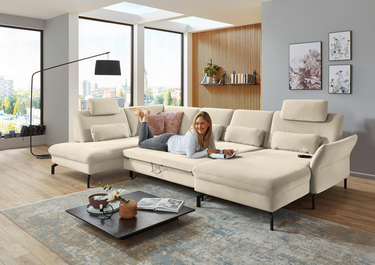 WOHNLANDSCHAFT in Velours Creme, Naturfarben  - Creme/Schwarz, Design, Textil/Metall (220/335/179cm) - Beldomo System