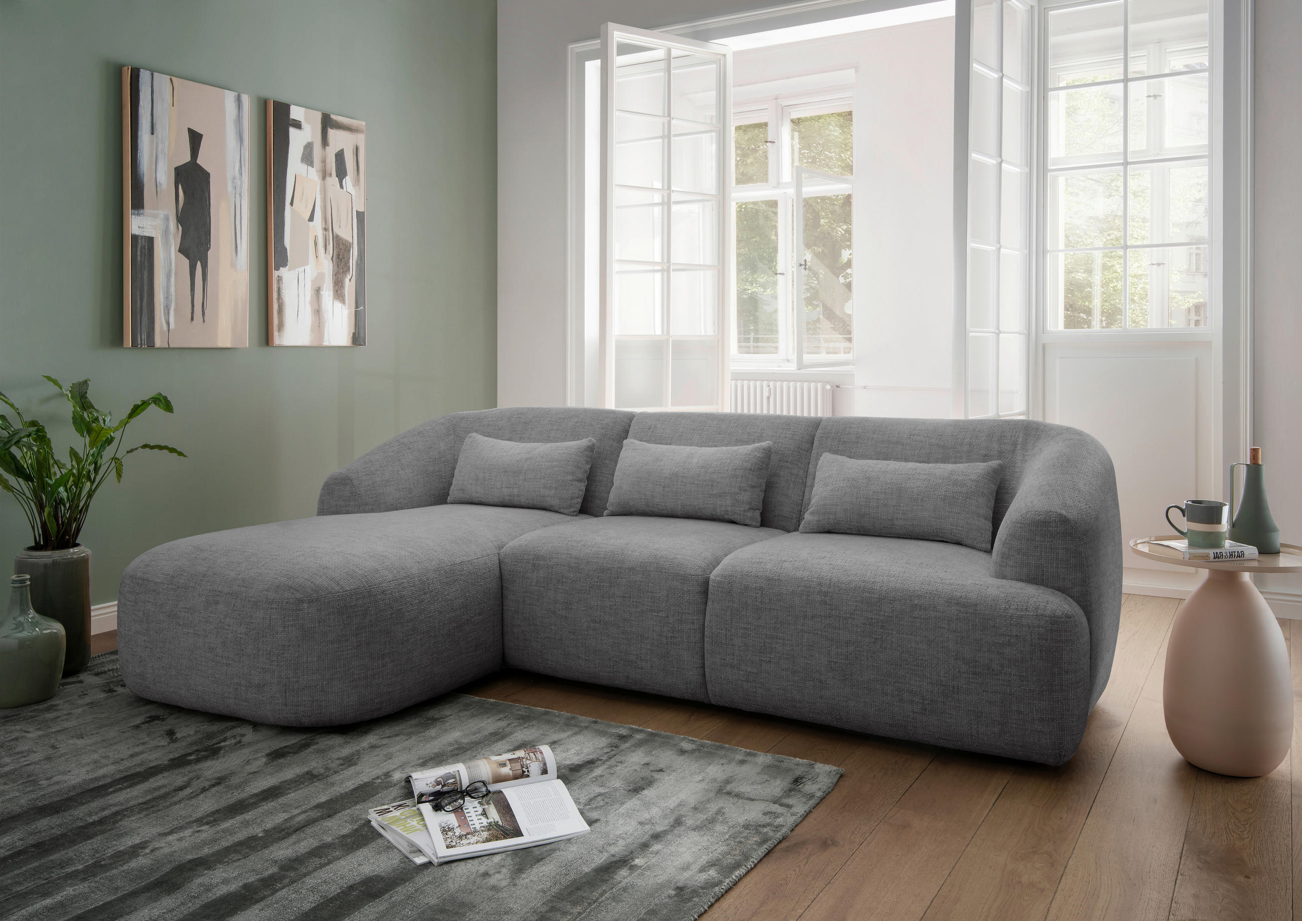 ECKSOFA in Struktur Silberfarben  - Silberfarben/Schwarz, Modern, Kunststoff/Textil (160/256cm) - Livetastic