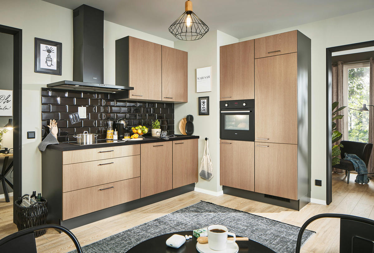 ECKKÜCHE 220/120 cm  in Graphitfarben, Schwarz, Eichefarben  - Chromfarben/Eichefarben, Design, Holzwerkstoff/Metall (220/120cm) - Xora