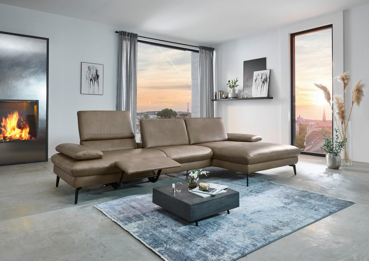 ECKSOFA in Echtleder Graubraun  - Graubraun/Schwarz, Design, Leder/Metall (157/325cm) - Dieter Knoll