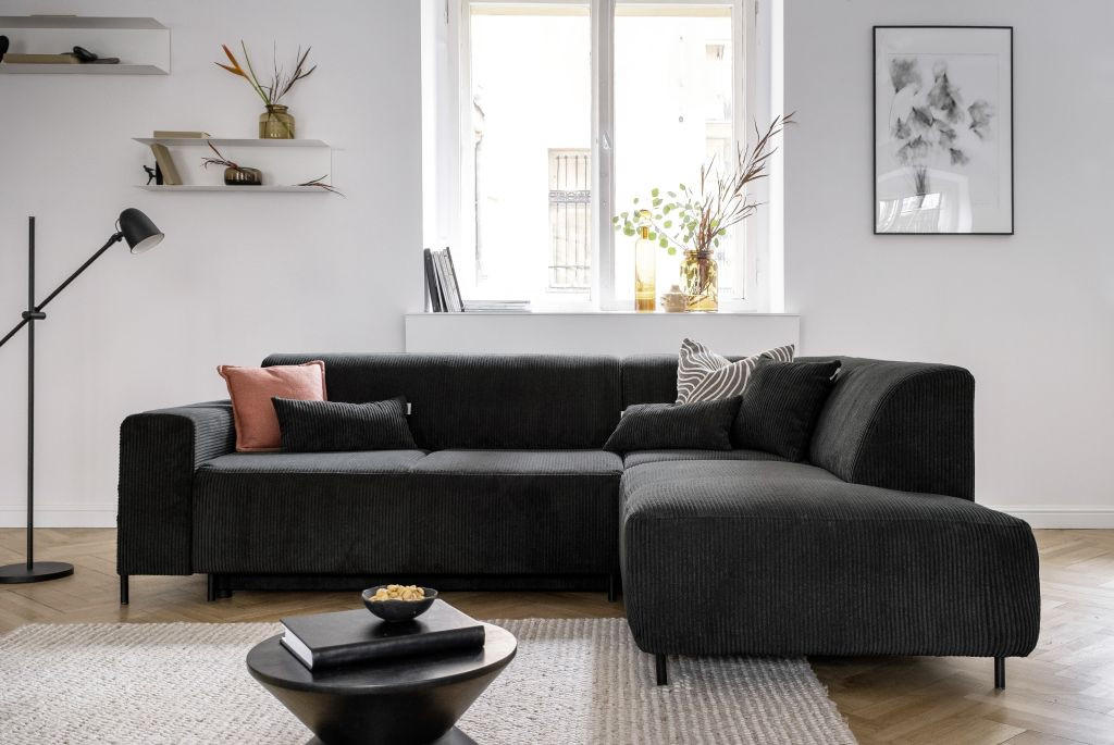 ECKSOFA in Cord Dunkelgrau  - Dunkelgrau/Schwarz, Textil/Metall (250/192cm) - MID.YOU