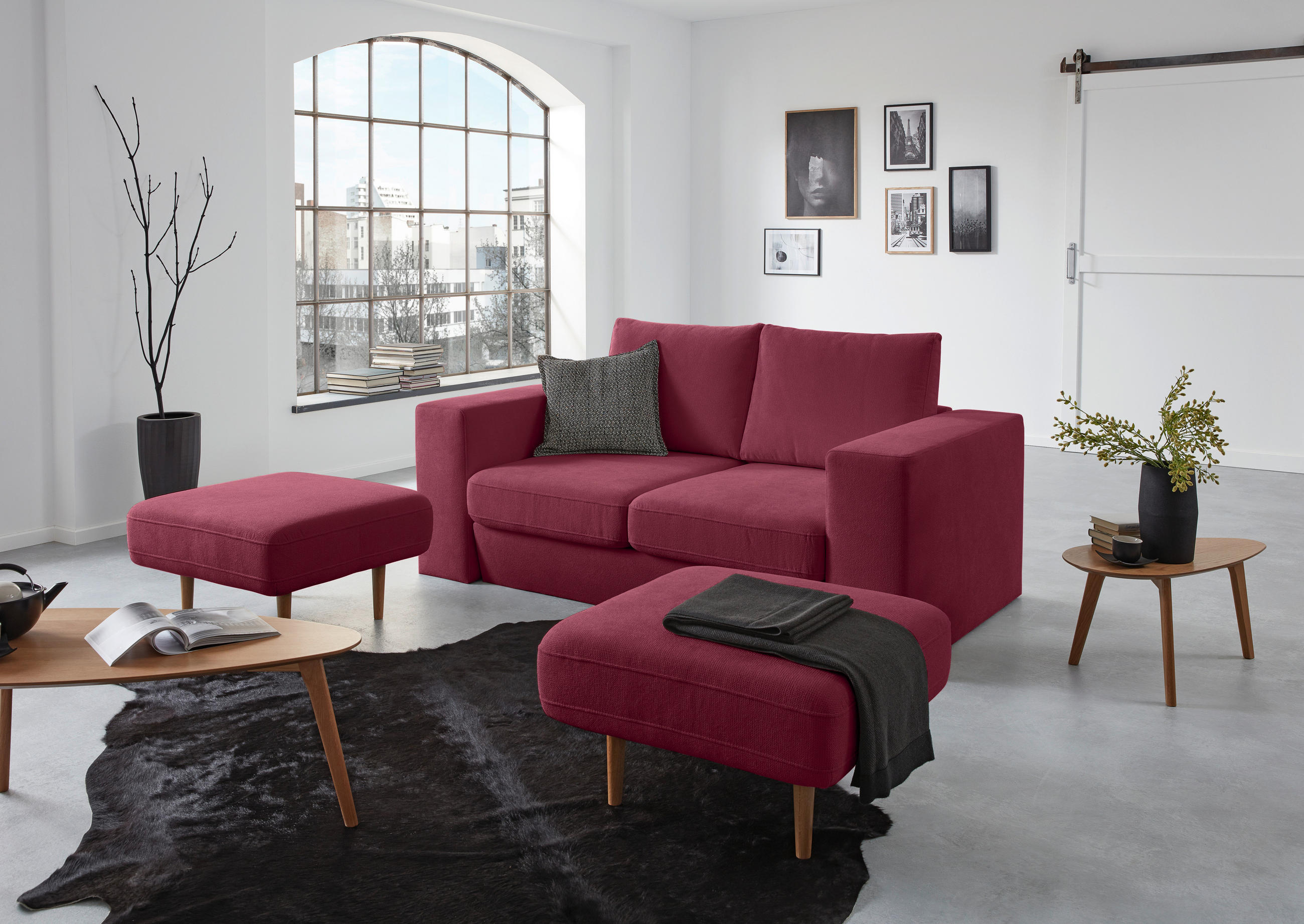 ZWEISITZER-SOFA inkl. Hocker in Webstoff Rot, Beere  - Beere/Rot, Design, Kunststoff/Textil (172/96/107cm) - LOOKS by W.Joop