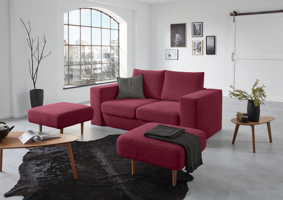 DREISITZER-SOFA inkl. Hocker in Webstoff Rot, Beere  - Eichefarben/Beere, Design, Holz/Textil (212/96/107cm) - LOOKS by W.Joop