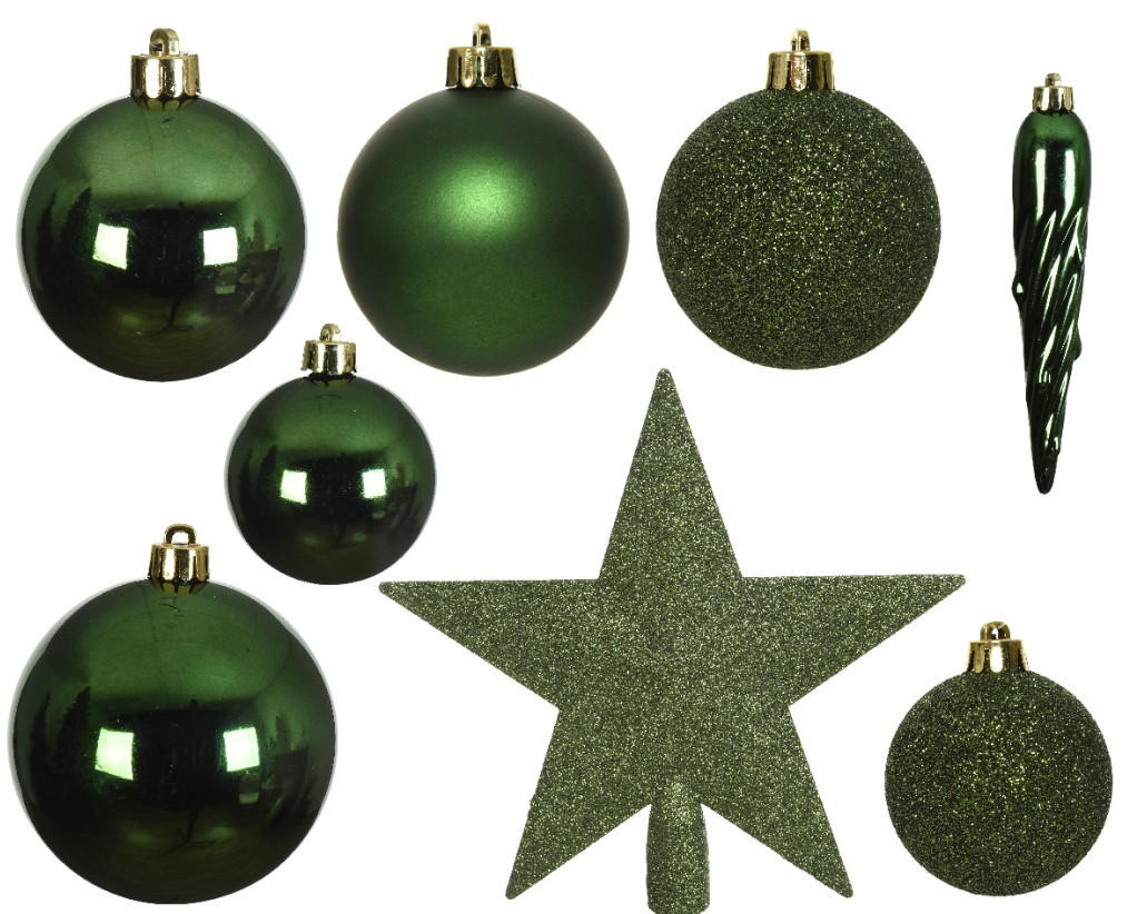 CHRISTBAUMKUGEL-SET 33-teilig  - Dunkelgrün, Basics, Kunststoff (8/8/8cm) - X-Mas