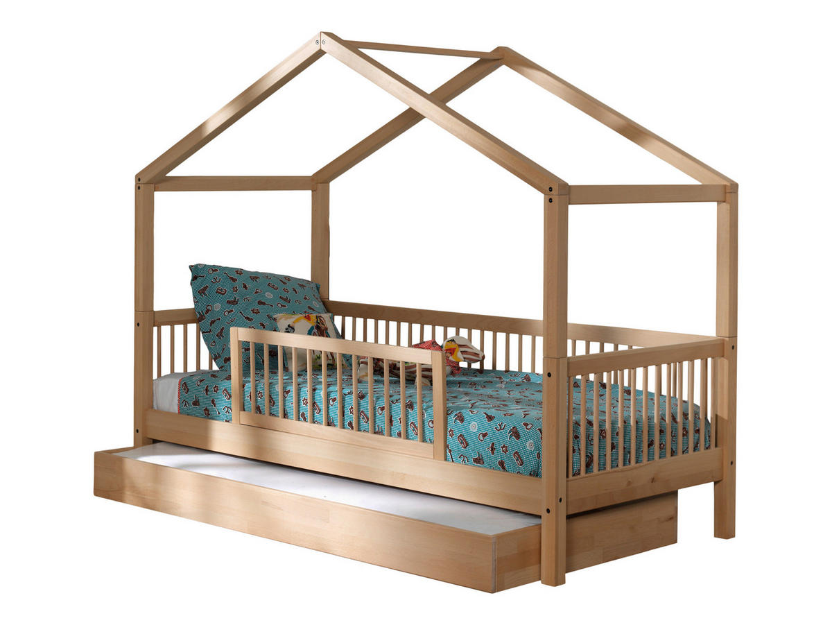 HAUSBETT 90/200 cm,  in Buchefarben, Absturzsicherung, Rollrost, Bettschublade  - Buchefarben, MODERN, Holz (90/200cm) - Vipack