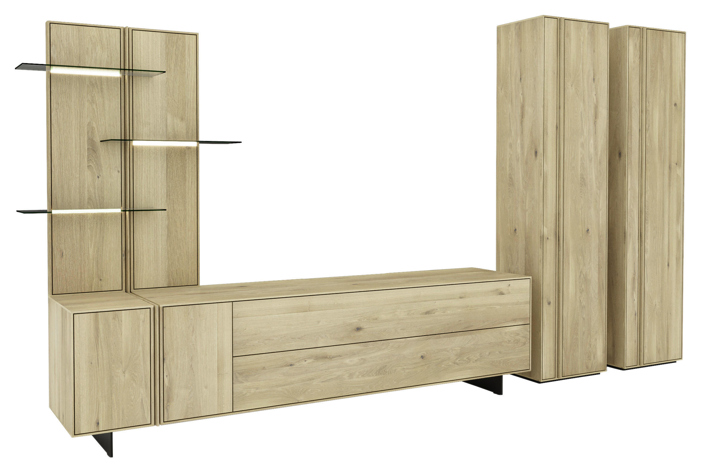 WOHNWAND  Eichefarben 363/205,8/50 cm  - Eichefarben/Schwarz, Natur, Glas/Holz (363/205,8/50cm) - Cassando