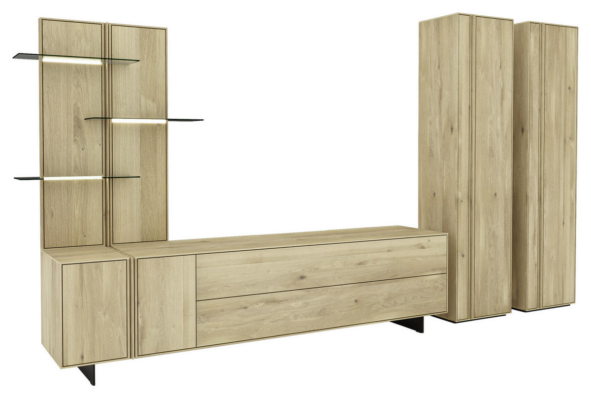 WOHNWAND  Eichefarben 363/205,8/50 cm  - Eichefarben/Schwarz, Natur, Glas/Holz (363/205,8/50cm) - Cassando