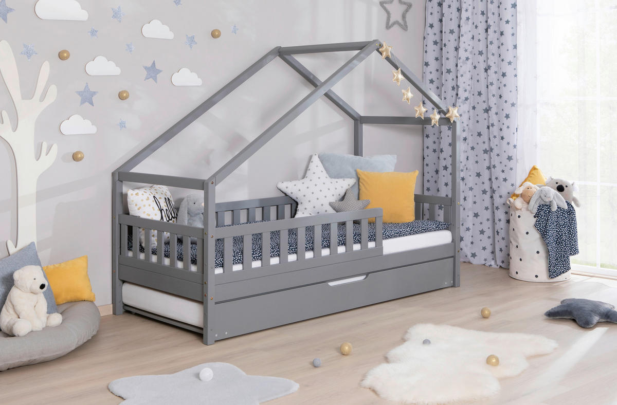 HAUSBETT  in Hellgrau, Absturzsicherung, Matratze, Rollrost, Bettkasten  - Hellgrau/Weiß, MODERN, Holz/Textil (90/200cm) - MID.YOU