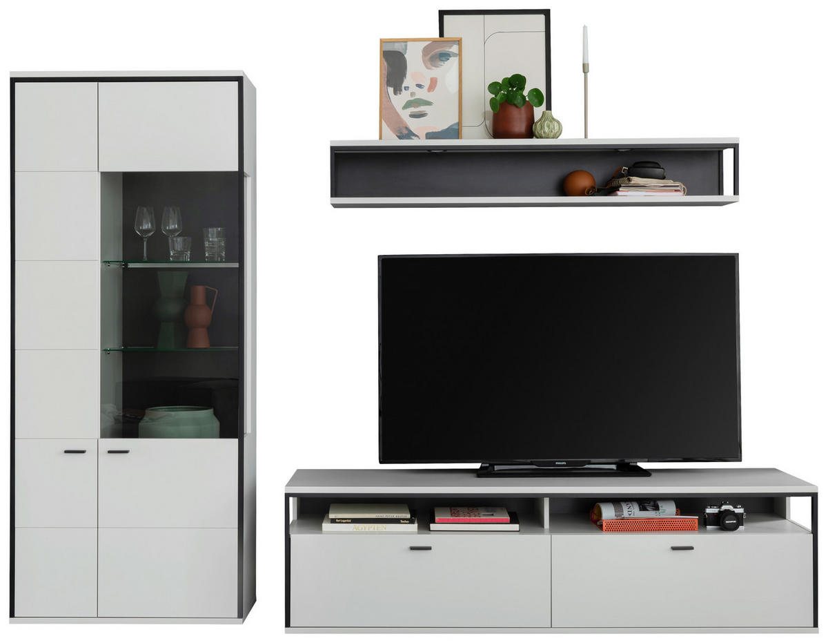 WOHNWAND  in Schwarz, Weiss 278/199/51 cm  - Weiss/Schwarz, Design, Glas/Holzwerkstoff (278/199/51cm) - Stylife