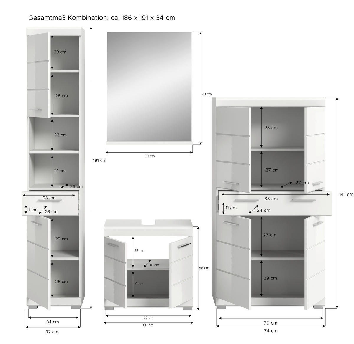 BADEZIMMER 4-teilig  in 171 cm  - Weiß Hochglanz/Silberfarben, MODERN, Glas/Holzwerkstoff (171cm) - MID.YOU