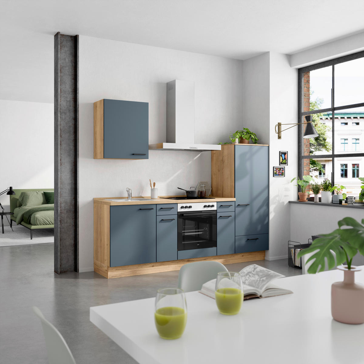 KÜCHENBLOCK Easytouch 240 cm  in Blau, Eichefarben  - Blau/Eichefarben, MODERN, Holzwerkstoff/Metall (240cm) - Nobilia