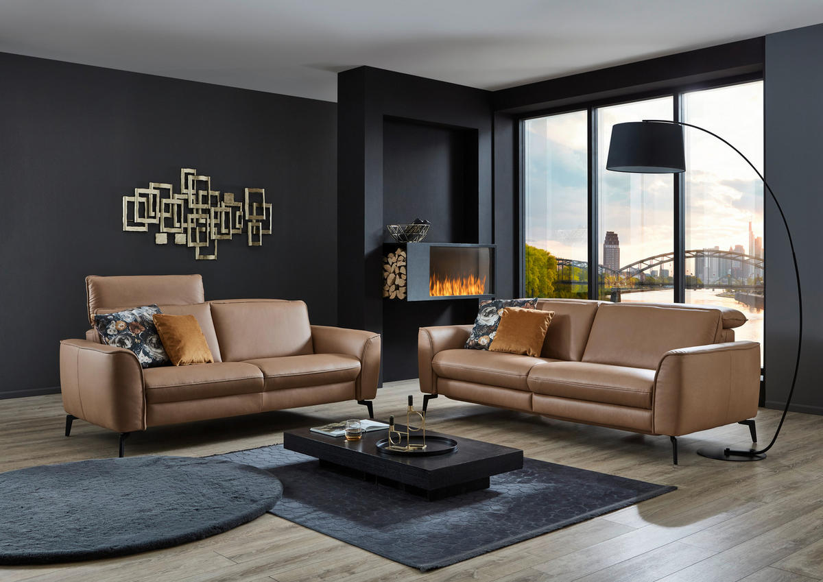3-SITZER-SOFA in Echtleder Haselnussfarben  - Schwarz/Haselnussfarben, Natur, Leder/Metall (222/81/110cm) - Valdera