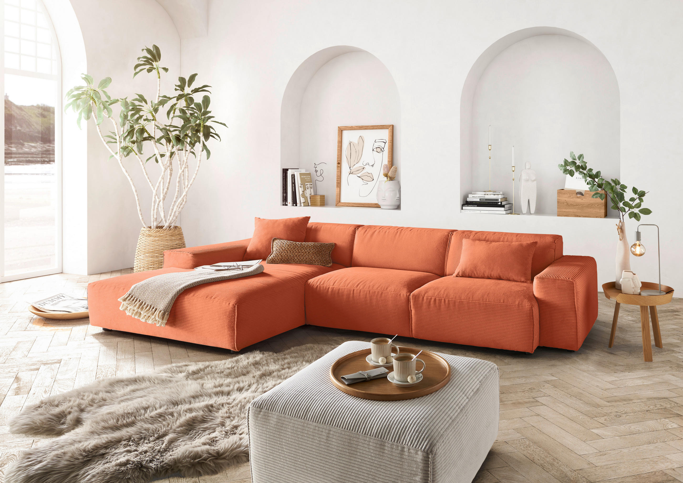 ECKSOFA 9125 Aprikose Cord  - Aprikose/Schwarz, Design, Kunststoff/Textil (189/300cm) - Pure Home Lifestyle