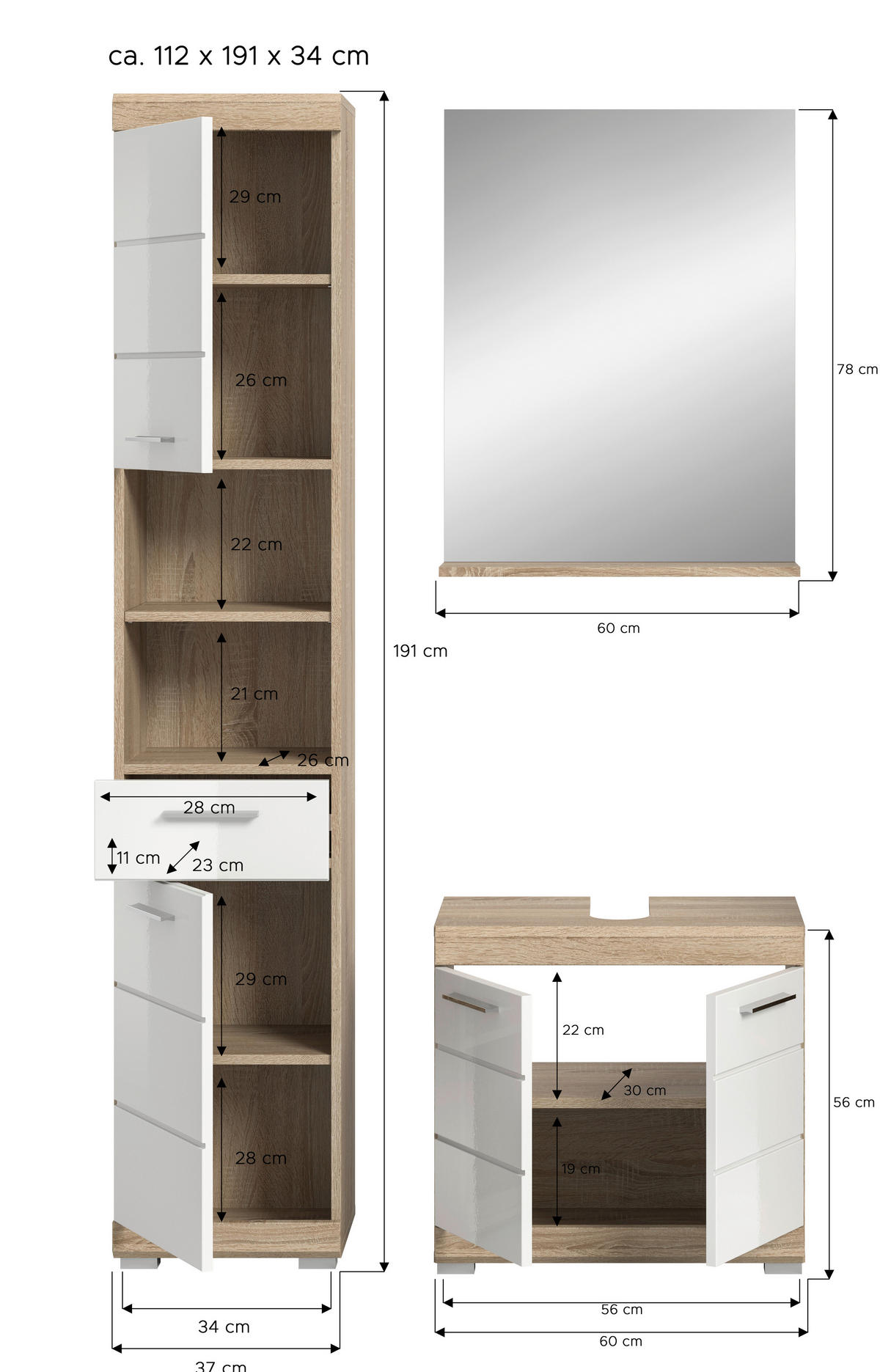 BADEZIMMER 3-teilig  in 97 cm  - Weiß Hochglanz/Silberfarben, MODERN, Glas/Holzwerkstoff (97cm) - MID.YOU