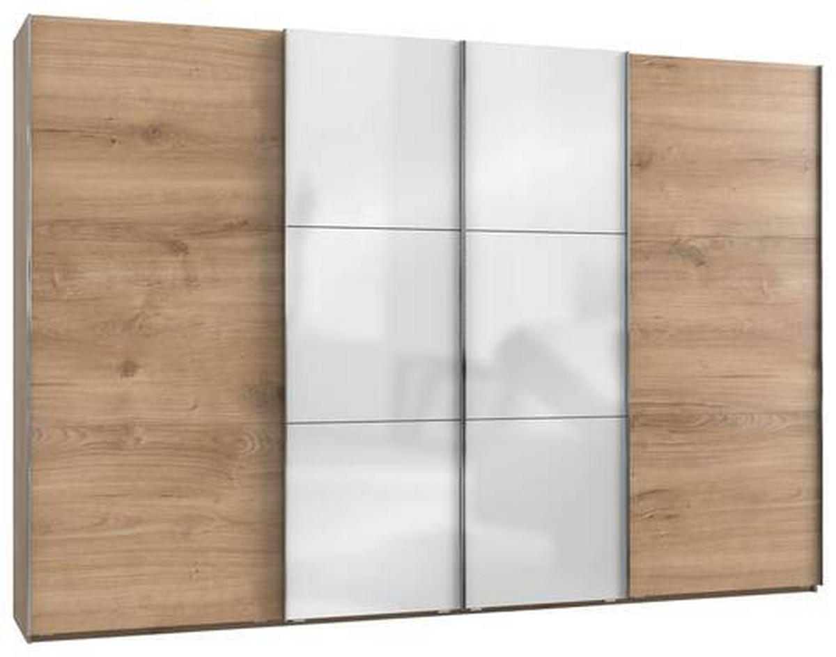 SCHWEBETÜRENSCHRANK 350/236/65 cm 4-türig Weiß, Eichefarben  - Chromfarben/Eichefarben, MODERN, Holzwerkstoff (350/236/65cm) - MID.YOU