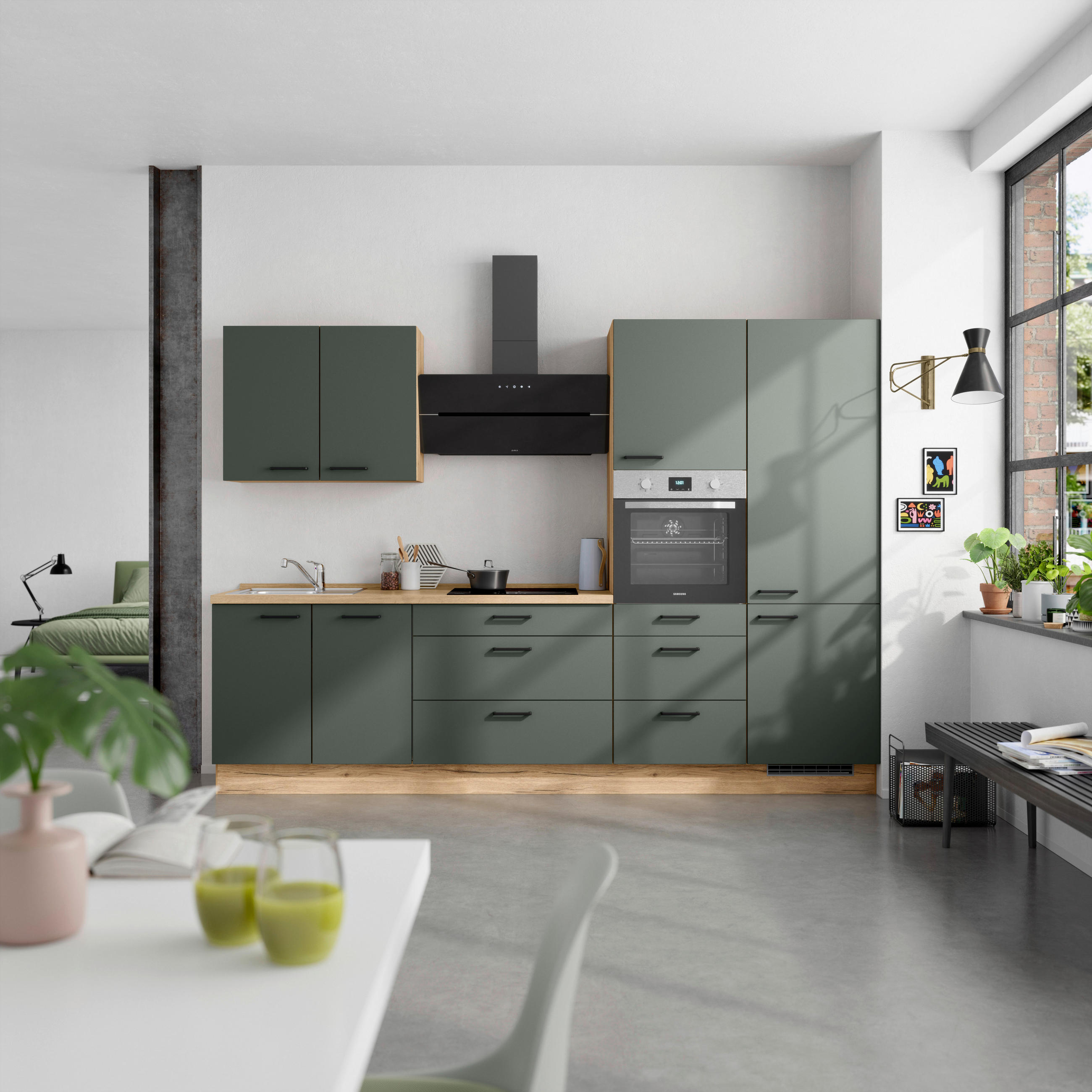 KÜCHENBLOCK 300 cm   in Eichefarben, Dunkelgrün  - Dunkelgrün/Eichefarben, MODERN, Holzwerkstoff/Metall (300cm) - Nobilia