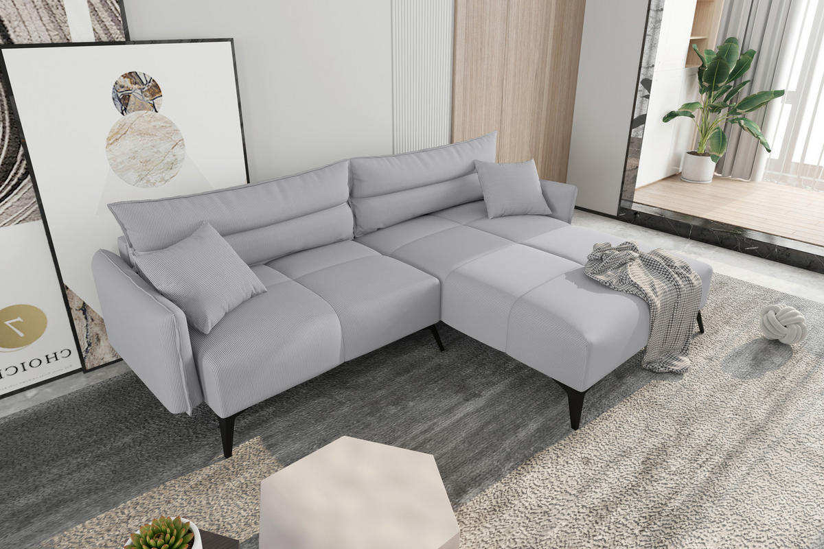 ECKSOFA in Cord Hellgrau  253/180 cm  - Hellgrau/Schwarz, KONVENTIONELL, Textil/Metall (253/180cm) - Carryhome