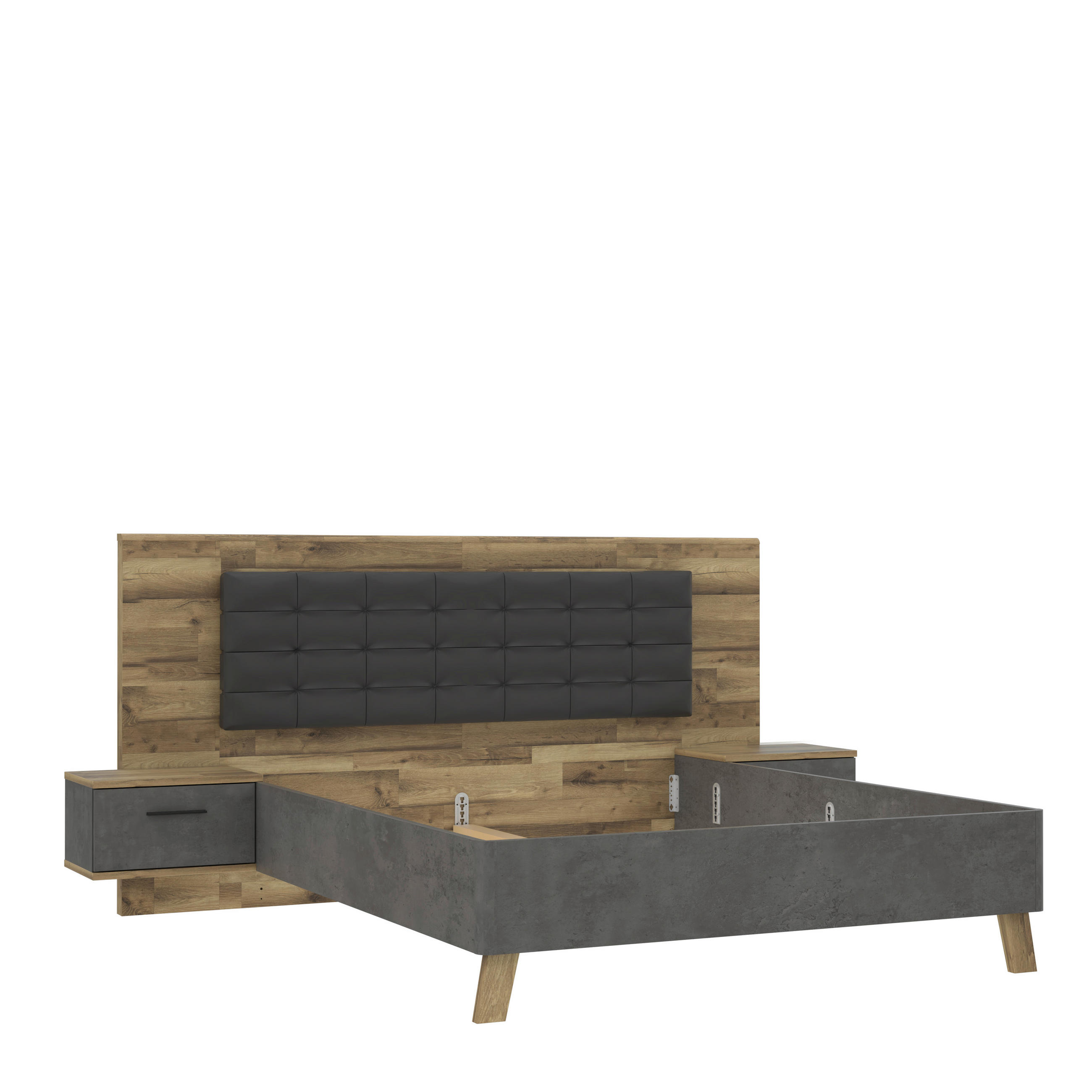 Set Pat Cu Noptiere, culoare lemn stejar, gri închis - gri închis/culoare lemn stejar, Lifestyle, plastic/metal (266,5/119,7/209,8cm)