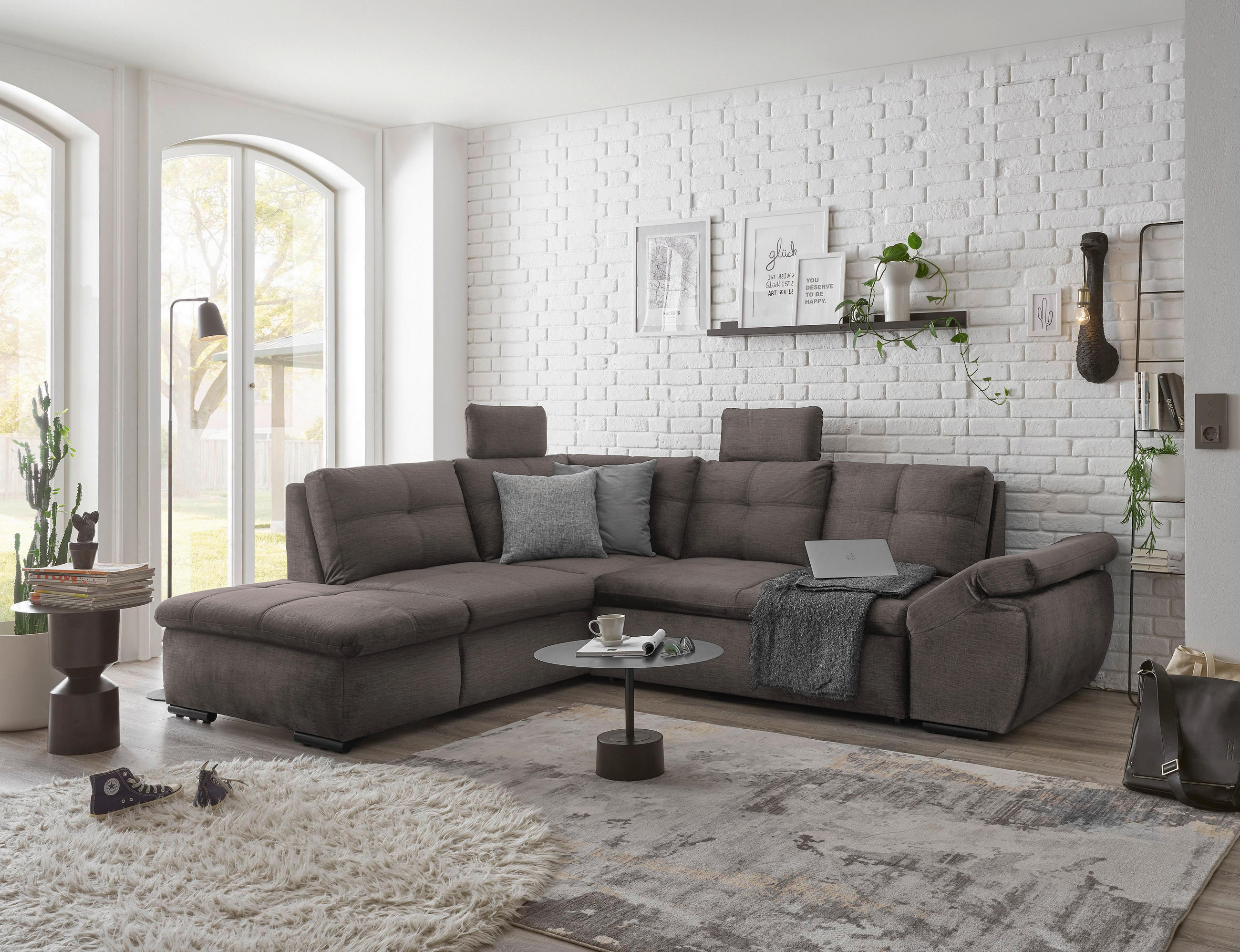 ECKSOFA Graubraun Mikrovelours - Graubraun/Schwarz, KONVENTIONELL, Kunststoff/Textil (217/265cm) - Carryhome