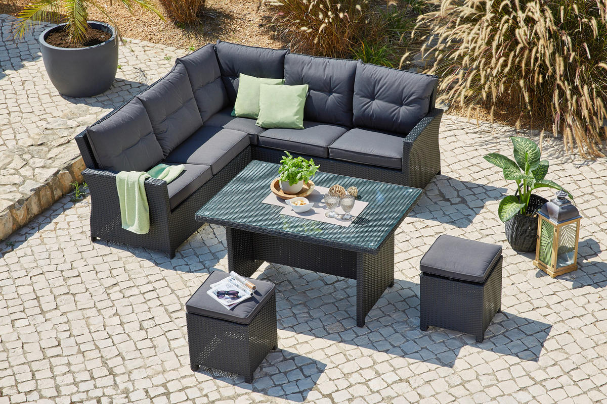 JEDÁLENSKÁ TERASOVÁ SÚPRAVA 18-dielne, kov, plast, sklo, textil - čierna/sivá, Konventionell, kov/textil (209/203cm) - Ambia Garden